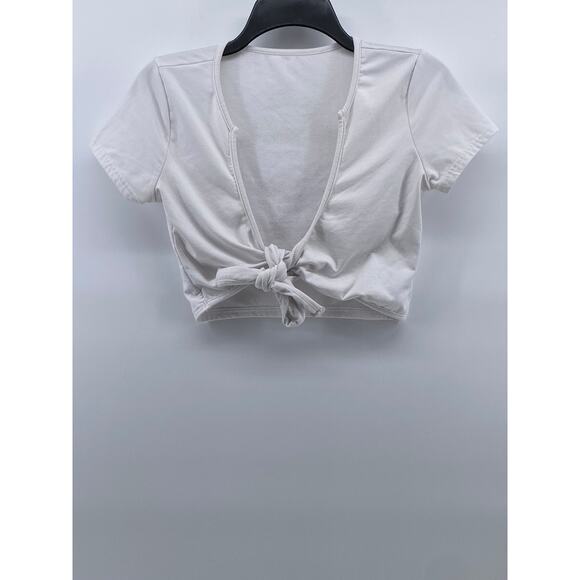 UNBRANDED Women's White Solid V-Neck Short Sleeve Tie-Knot Crop Top SZ S - Picture 1 of 11